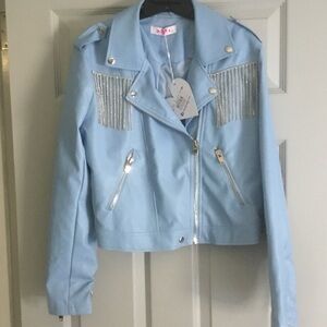 Buddy Love Light Blue Faux Leather Jacket with Silver Rhinestones nwt